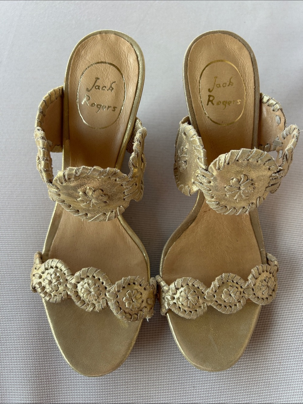 Jack Rogers Metallic Gold Embroidered Slide Heels